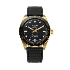 Vulcain Skindiver Nautique Gold / Black - Black Carbon Leather Strap