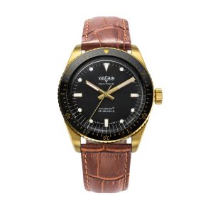 Vulcain Skindiver Nautique Gold / Black - Brown Alligator