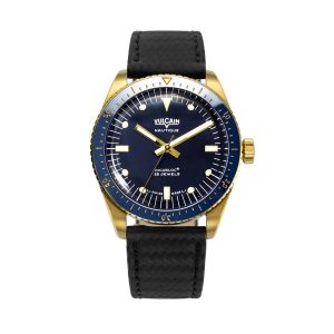 Vulcain Skindiver Nautique Gold / Blue - Black Carbon Leather Strap