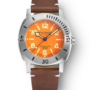 Nivada Grenchen Depthmaster Numerals Orange - Brown Leather White Stitching