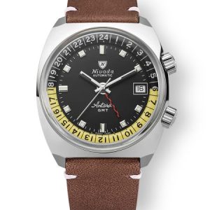 Nivada Grenchen Antarctic GMT - Black - Brown Leather White Stitching