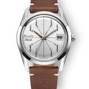 Nivada Grenchen Antarctic Spider Silver 35 mm - Brown Leather White Stitching