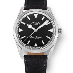 Nivada Grenchen Super Antarctic 35 mm - Black White Luminova - Black Leather