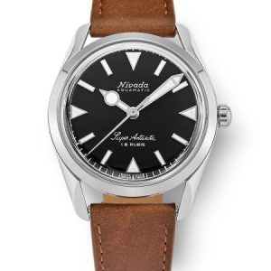 Nivada Grenchen Super Antarctic 35 mm - Black White Luminova - Brown Leather