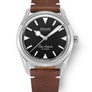 Nivada Grenchen Super Antarctic 35 mm - Black White Luminova - Brown Leather White Stitching