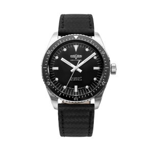 Vulcain Skindiver Nautique Black with White Lum - Black Carbon Leather Strap