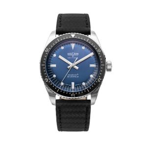 Vulcain Skindiver Nautique Blue with White Lum - Black Carbon Leather Strap