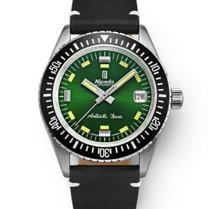 Nivada Grenchen Antarctic Diver Green - Date - Black Leather White stitching