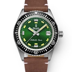 Nivada Grenchen Antarctic Diver Green - Date - Brown Leather White Stitching